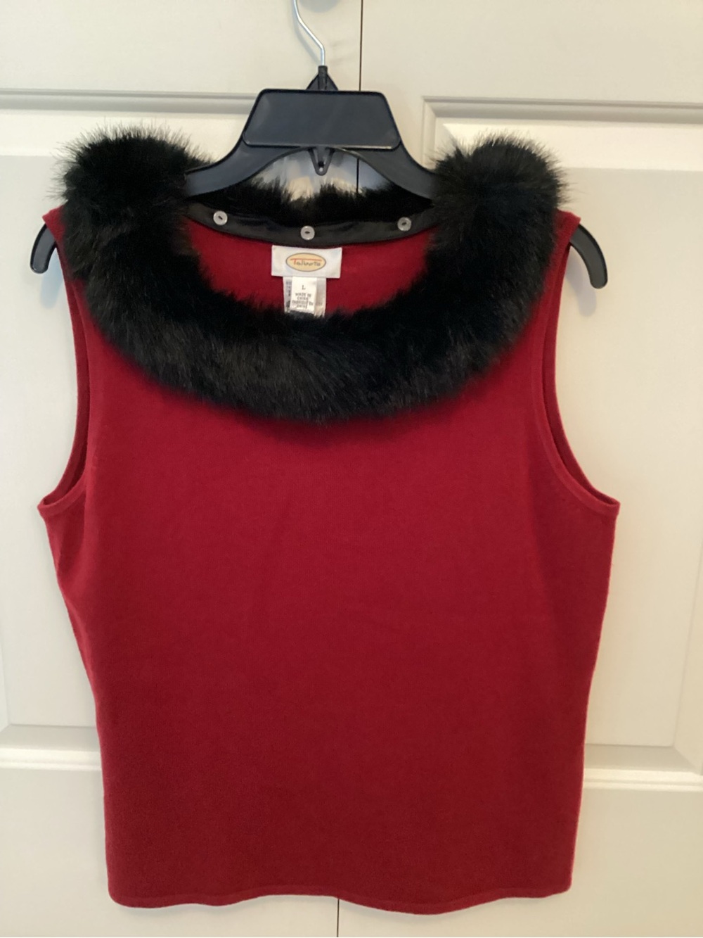 Talbots Red Sleeveless Top with Removable Black Faux Fur Collar